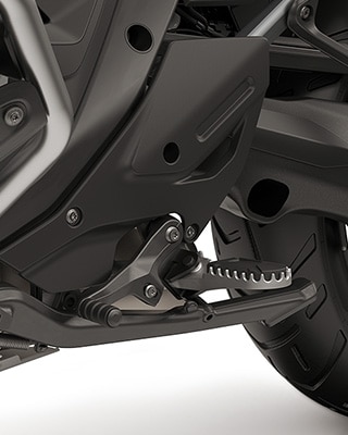 Características de enduro tales como una protección de motor más grande, pedal de freno plegable y pedal de cambio ajustable y reposapiés de enduro con apoyos para el pasajero
