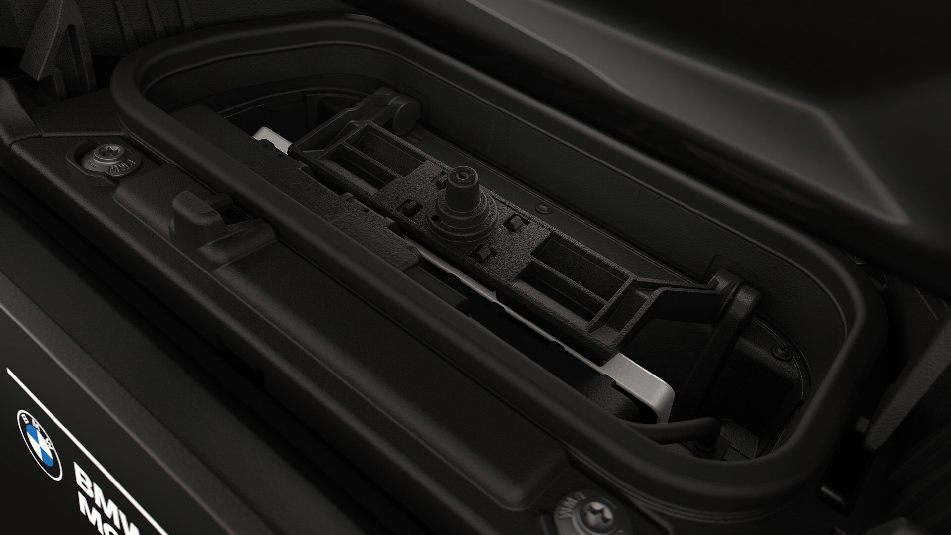 Integrated storage compartment with mobile phone.